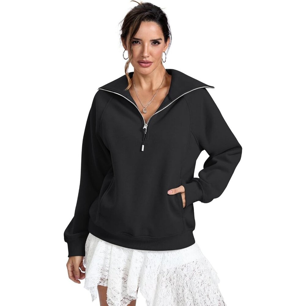 Women's Fleece Lined Zip Pocket Long Sleeve Sweatshirts Hoodies Tops Black - Picture 7 of 7